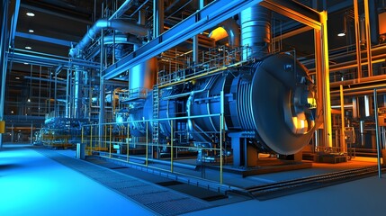 Wall Mural - A large industrial plant with a large blue and yellow tank. The tank is surrounded by pipes and is lit up with bright lights. Scene is industrial and powerful