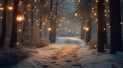 snow covered road, A magical winter forest scene with a snow-covered path winding between towering fir trees. The path is illuminated by old-fashioned lanterns hanging from branches, and tiny footprin