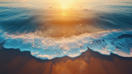 Wall Mural - Pristine beach at sunrise from above, calm waves rolling in, seagulls dotting the sand, golden light touching the horizon.