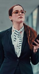Aufkleber - Woman, flight attendant and walking with texting on smartphone at airport for departure. Female person, employee and networking with message, notification and social media post as air hostess