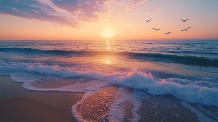 Beach at dawn from above, gentle waves, seagulls gliding in the sky, soft morning glow spreading across the calm ocean.