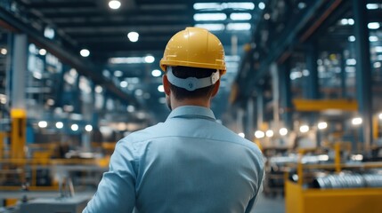 Wall Mural - A man in a hard hat looking out over a : fabric production large factory floor.