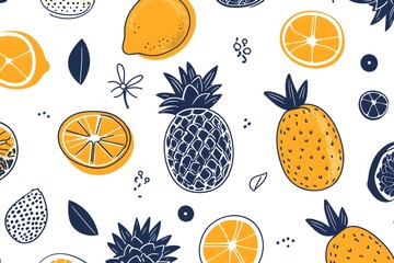 Hand-drawn fruit pattern with strawberries, oranges, and lemons on white background