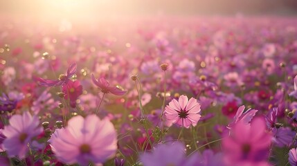 Expansive field of blooming cosmos flowers with vibrant colors and detailed textures, captured in high-definition under natural light