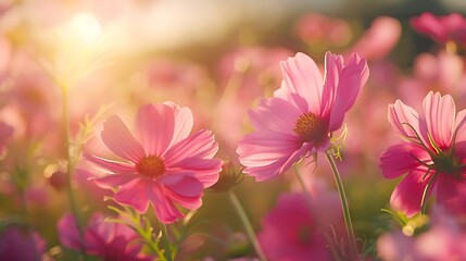 Expansive field of blooming cosmos flowers with vibrant colors and detailed textures, captured in high-definition under natural light