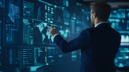 Wall Mural - Businessman analyzing global data on large digital screens. Perfect for your presentations and reports.