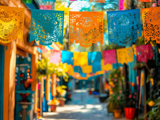 Wall Mural - A colorful street with many flags hanging from the ceiling. The flags are in different colors and sizes, creating a vibrant and lively atmosphere. The street is lined with potted plants