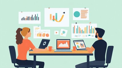 Poster - Two People Analyzing Data at a Desk with Charts and Graphs Around Them