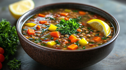 A bowl of vegetable soup, made with carrots and potatoes, is filled to the brim on an old wooden table delicious, fresh lentil and vegetable soup with lemon