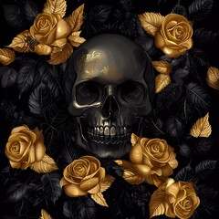 Wall Mural - Black skull surrounded by golden roses and black leaves isolated on black background. vector illustration