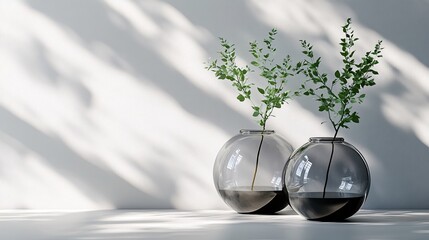 Minimalist setup with two glass vases, black base, green plant in one, placed on a white surface, dappled light creating a serene mood.