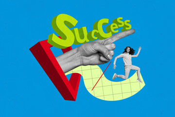 Wall Mural - Composite photo collage of happy girl run success development concept hand point index finger direction isolated on painted background