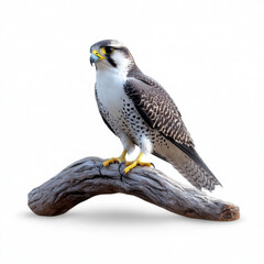 Peregrine falcon standing on a driftwood branch, isolated on a white background, showing its detailed feathers and sharp eyes.