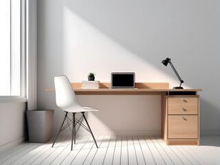 Wall Mural - A minimalist office desk with a computer and books on top,