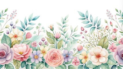 Elegant floral border illustration featuring intricate watercolor flowers, vines, and leaves in soft pastel hues, perfect for inviting whimsical designs and publishing projects.