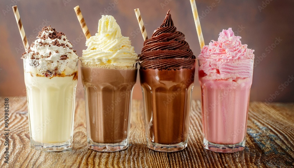 Chocolate, vanilla, and possibly strawberry flavoured milkshakes with ...