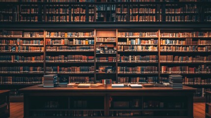 Antique Library Interior, Wooden Bookshelves, Stacks of Books, Warm Lighting, Vintage, Knowledge