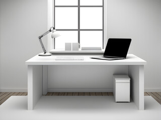 Wall Mural - A minimalist office desk with a computer and books on top,