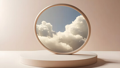 Wall Mural - round ivory podium with a circular mirror reflecting a soft white cloud