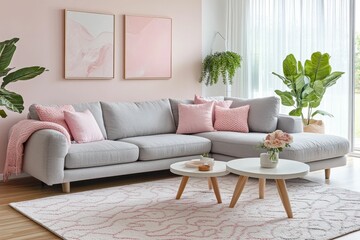 Wall Mural - Modern Living Room Interior Design with Pink Accents