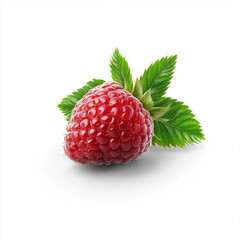 Sticker - Close-up of a single fresh raspberry with vibrant green leaves, isolated on a white background.