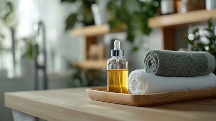 Rolled towels and bottles of aromatic oils on bathroom counter.