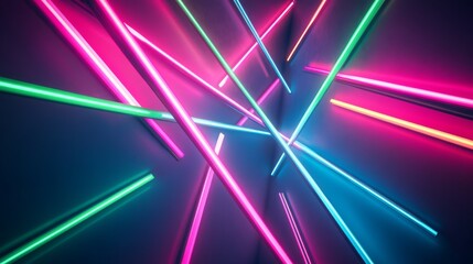 Wall Mural - Vibrant neon lights in pink, blue, and green intersect dramatically, creating a dynamic visual contrast in a modern setting, evoking an energetic atmosphere