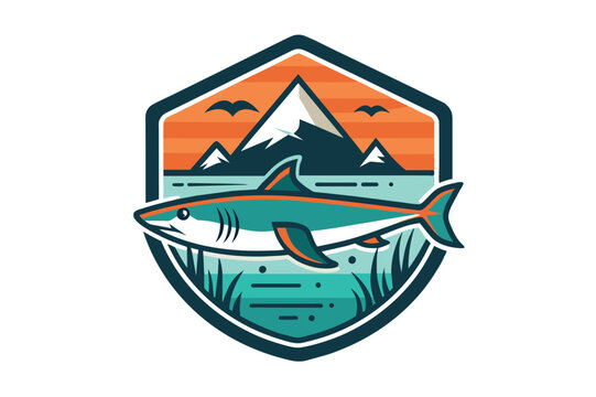 A logo design showcasing a shark and mountains, representing the power of the ocean and the grandeur of the landscape.