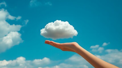 Wall Mural - Human hand gently lifting a fluffy white cloud in a turquoise sky