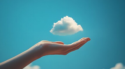 Wall Mural - Outstretched hand presenting a soft white cloud in a clear blue sky