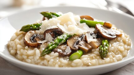 This vegan risotto features tender asparagus and savory mushrooms, creating a flavorful dish that caters to gluten-free and autoimmune protocol diets, ideal for a healthy meal