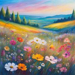 Wild flower landscape. Colorful floral garden with flowers in rolling hills nature view with pretty sunset sky.