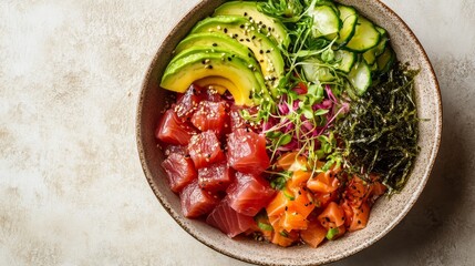 A fresh poke bowl features succulent tuna, creamy avocado, seaweed, and a variety of vibrant vegetables, all beautifully arranged for a delightful presentation