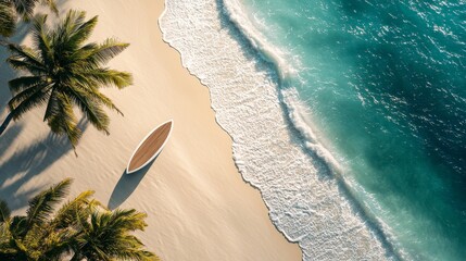 Poster - The serene tropical beach displays pristine white sand and clear turquoise water under the bright sun, with a solitary surfboard resting at the water’s edge