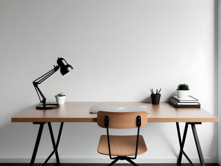 Wall Mural - A minimalist office desk with a computer and books on top,