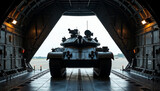 
Interior of a military cargo plane with a massive tank secured in the center