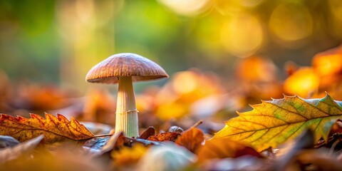 Wall Mural - Close-up of a mushroom surrounded by leaves, with a blurry background