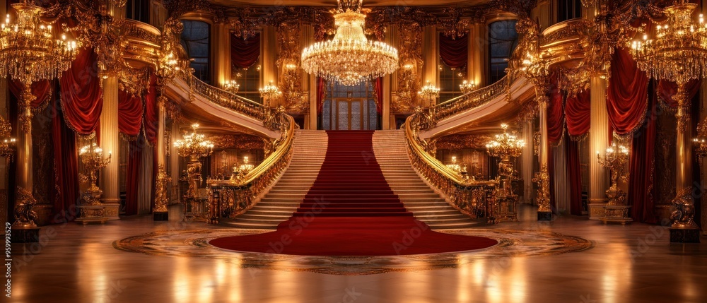 Grand Staircase with Red Carpet in a Gilded Palace の Stock フォト | Adobe ...
