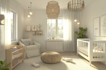 Wall Mural - Modern minimalist nursery room in Scandinavian style, baby room interior in light colors, AI generated image, sleek and functional design with Nordic aesthetics