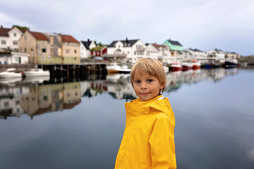 Wall Mural - Child, visiting Henningsvaer during the summer with family and pet dog