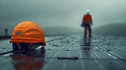 A construction helmet rests on solar panels with clouds in the sky, representing the connection between renewable energy technologies and environmental protection.