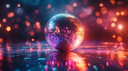 Nightclub scene with a colorful disco mirror ball, light reflections casting dynamic patterns across the room, vibrant and energetic.