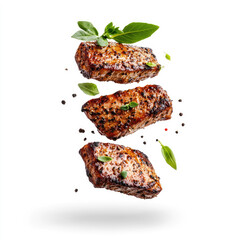 Grilled pork loin slices falling with basil and peppercorns