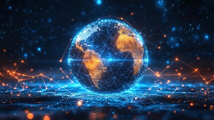 Canvas Print - Glowing digital globe, abstract design with connected lines, representing global networks, technology, and the future of communication.