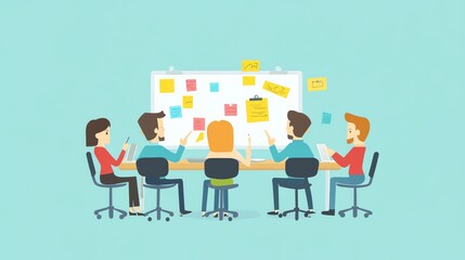 Poster - A team of four people having a brainstorming meeting around a table with a whiteboard.