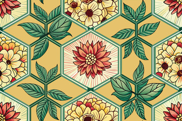 Poster - A seamless hexagonal lattice pattern featuring intricate floral designs throughout the structure.