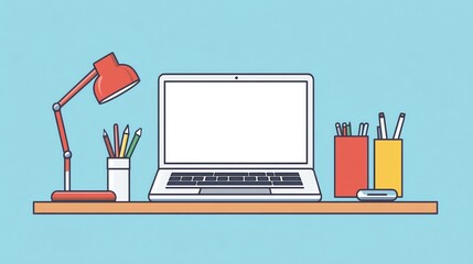 Poster - Minimalist Illustration of a Laptop, Lamp, and Pens on a Desk