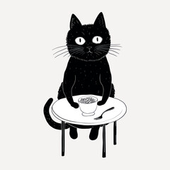 Poster - Black cat eating cereal art