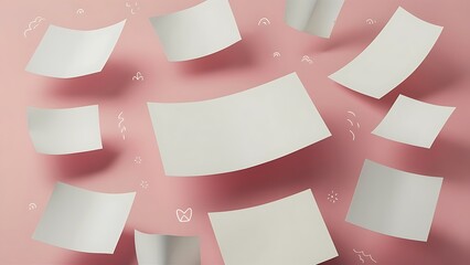 Wall Mural - Top view of blank and empty sheets of paper on pink background with copy space