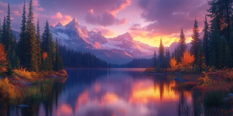 Wall Mural - Serene Mountain Lake at Sunset with a Starry Sky